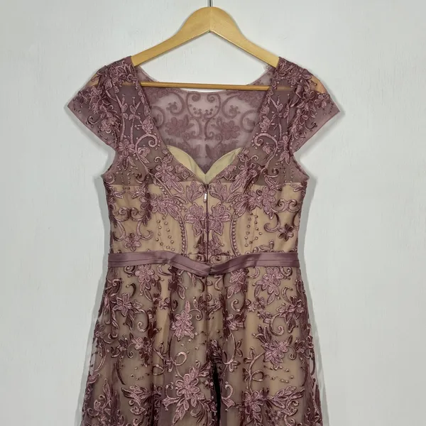 Azazie Sanna Midi Tulle A-Line Dress‎ Size 6 Dusty Rose Champagne Floral Lace - Image 5