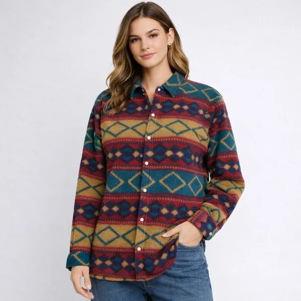 Vtg Aztec Southwest Fleece Shacket Womens Size Sm Red Green Pearl Button Up - Image 2