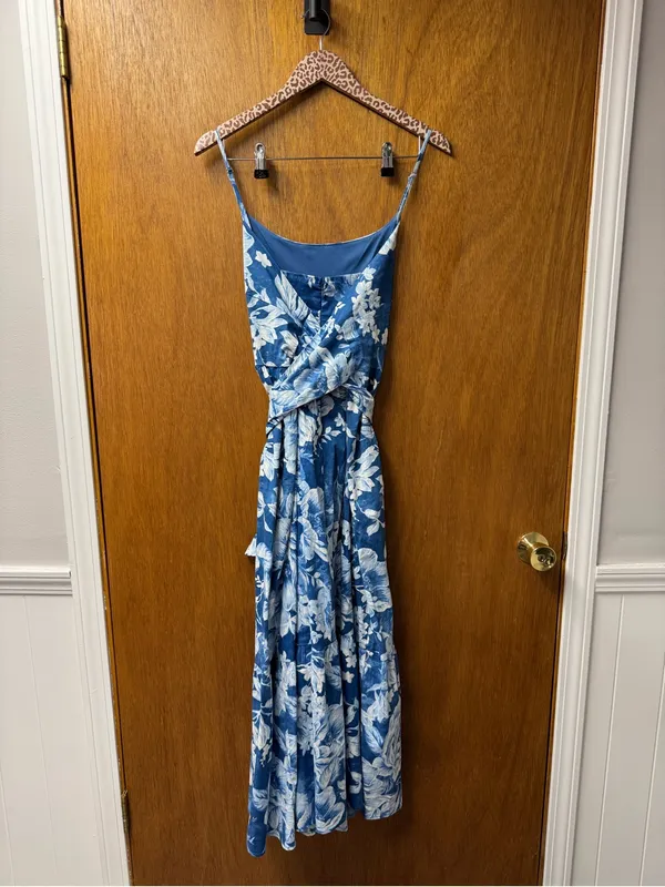 Joie Sleeveless Cotton Blend Long Floral Tie Waist Midi Maxi Dress Blue 16 - Image 12