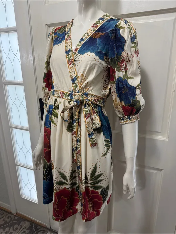 Farm Rio Floral Wrap Midi Dress in Cream with Blue & Red Blooms Size Small - Image 6