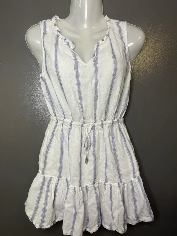 Blue Island Dress Womens XS White Striped Ruffle Hem Drawstring Waist Sundress - Image 2