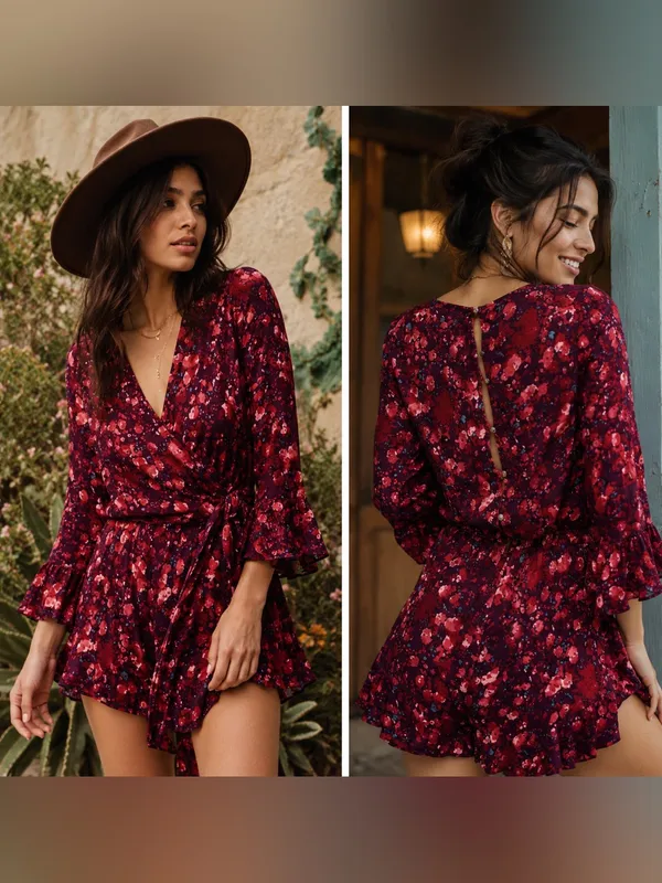 Free People All The Right Ruffles Red‎ Floral Boho Romper - Image 2