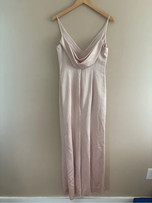 Dessy After Six Draped COWL-BACK Princess Line Dress FRONT SLIT in Cameo Size 4 - Image 4