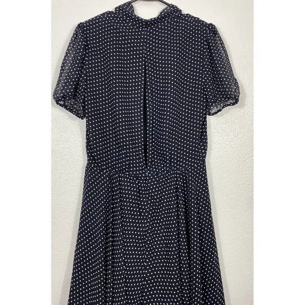 Betsey Johnson Navy Polka Dot Chiffon Puff Sleeve Tie Neck Knee Dress Size 10 - Image 7