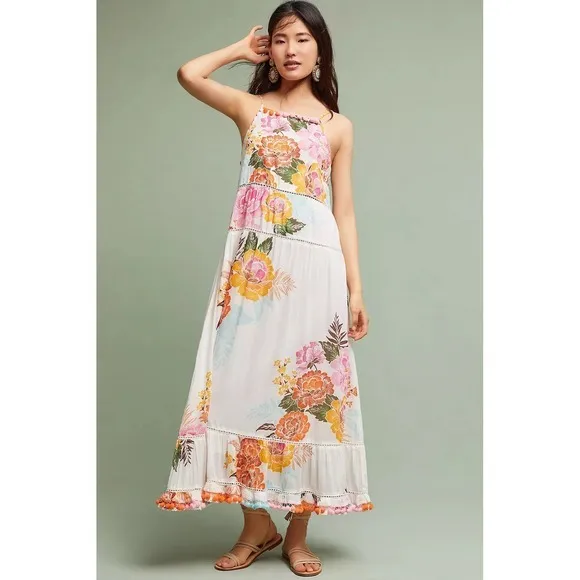 Anthropologie‎ FARM RIO Havana Floral Dress Midi Pom Poms Vacation Large Petite - Image 4