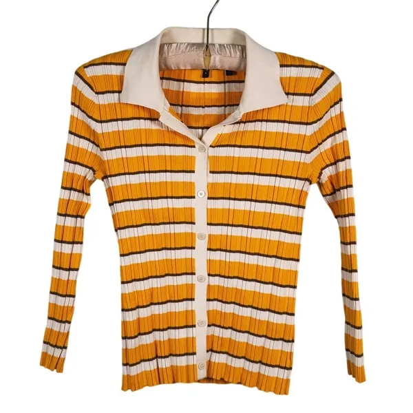 Theory Women Hudson Striped Polo Cardigan Size S Mustard Yellow 70s Preppy Retro - Image 2