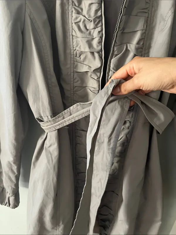 INC International Concepts Taupe Ruffle-Front Trench Coat with Hood - Image 5