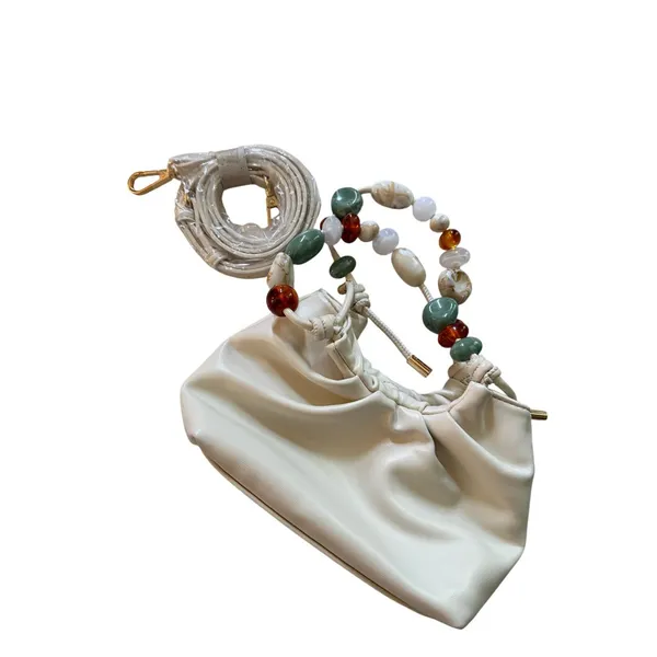 Urban Expressions Cream Faux Leather Beaded Drawstring Shoulder Bag Crossbody - Image 5