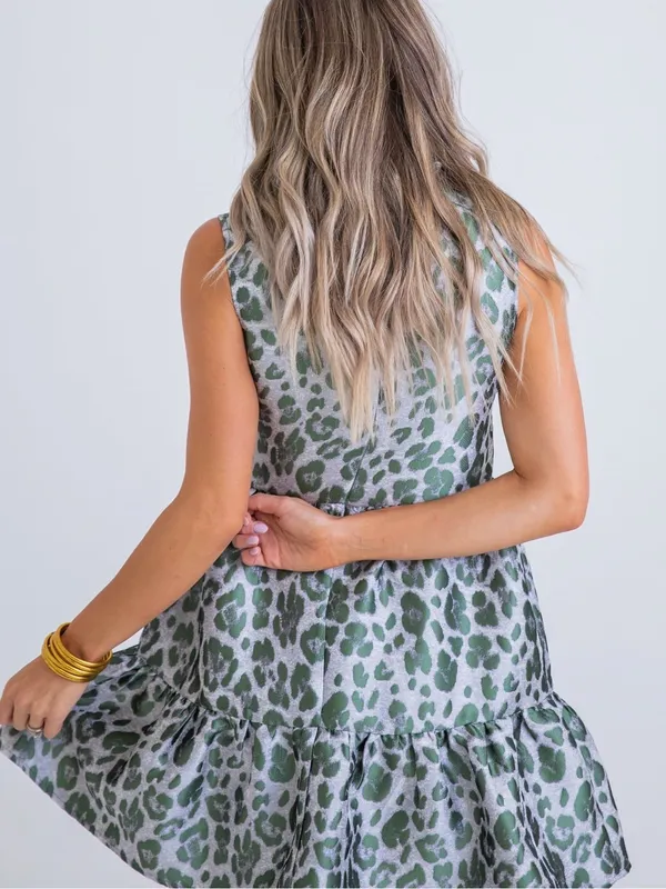 NWOT Karlie Green Leopard Tiered Tapestry Mini Dress Size Medium - Image 3