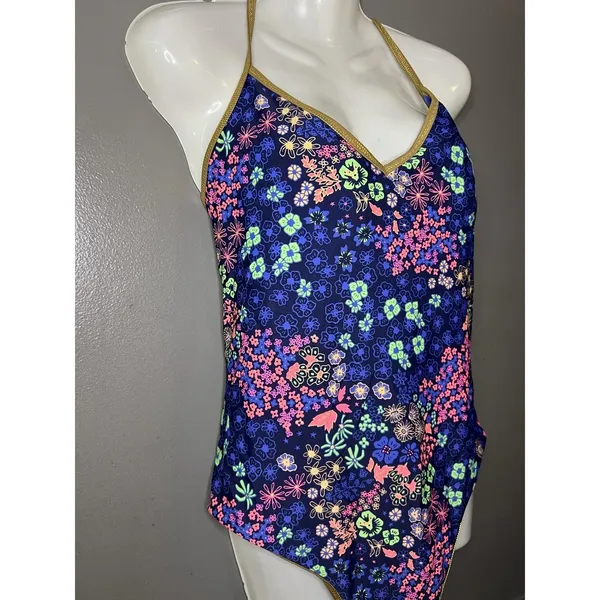 Aerie Swimsuit Womens XL Blue Floral One Piece Triangle Crisscross Back Strappy - Image 4
