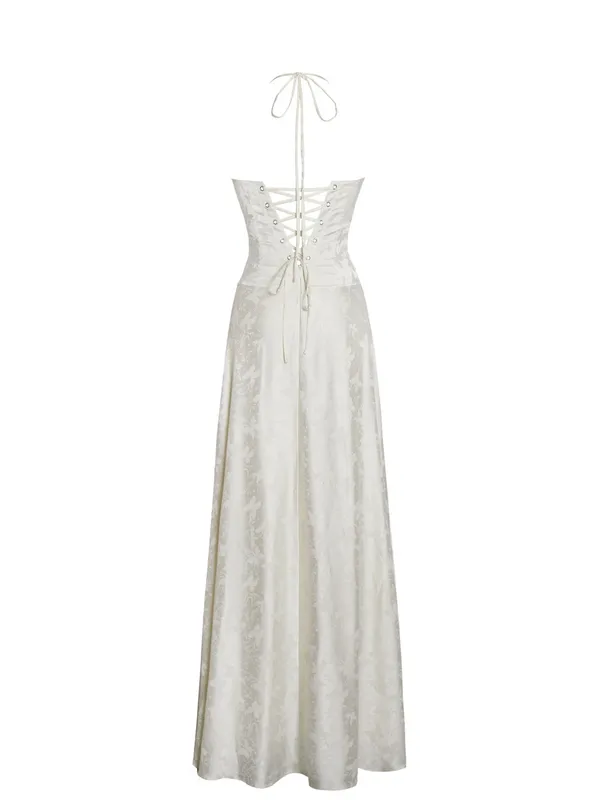NWT Miss Circle Raegan Pearl White Jacquard Ruched Maxi Dress M - Image 10