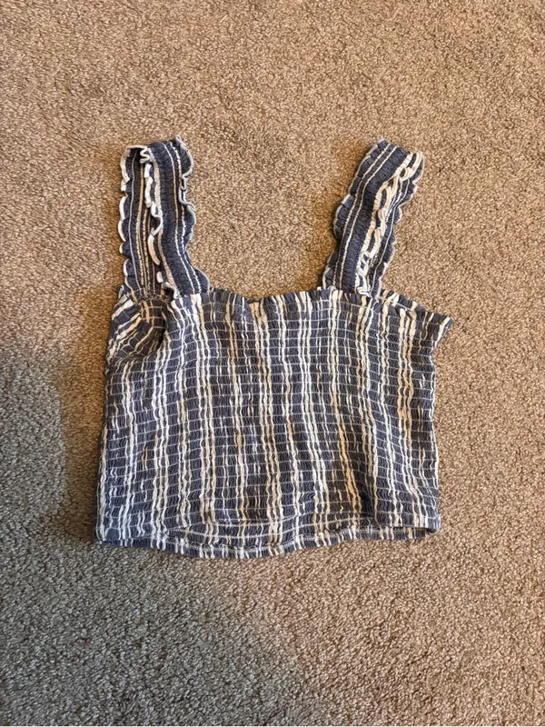 Hollister NWT Blue & White Striped Smocked Ruffle Lettuce Edge Strap Crop Top - Image 4