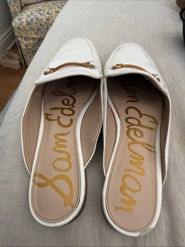 Sam Edelman White Leather Mule Slides with Gold Horsebit - Image 2