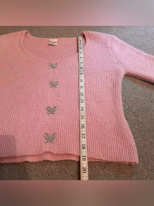 Pink Fuzzy Rhinestone Butterfly Button Long Sleeve Sweater - Image 11