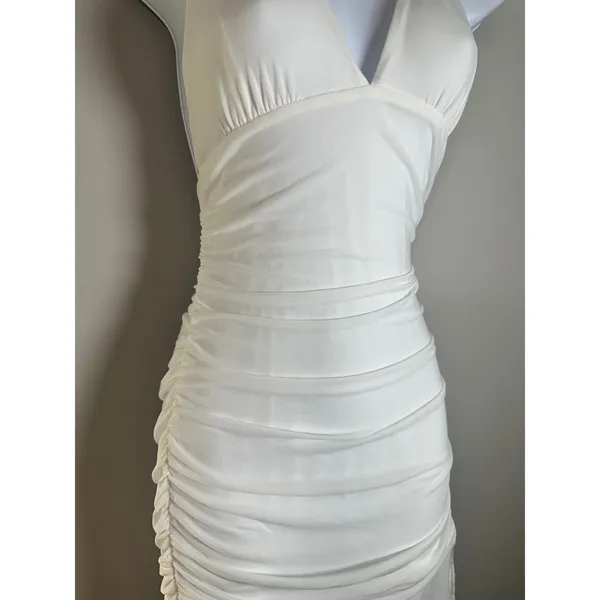 MIYIEONE Women White Ruched Halter Neck Mini Bodycon Dress Ruffle Hem Size S - Image 3