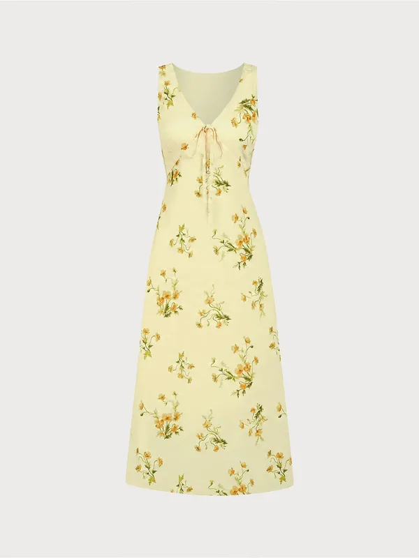Rihoas Yellow V Neck Floral Chiffon Maxi Dress - Image 5