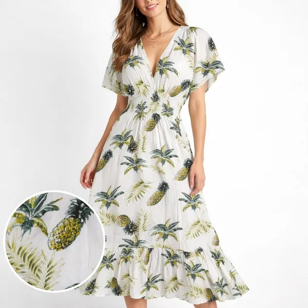 Blue Island Tropical Maxi Dress Sz L Pineapple Palm Print Rayon Tiered Open Back - Image 2