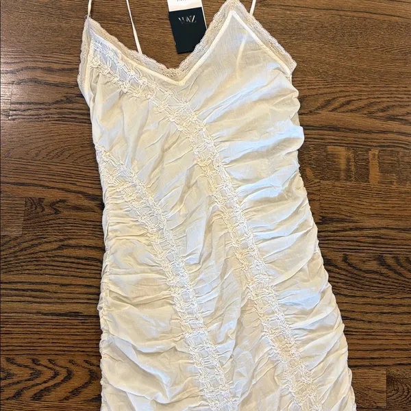 Zara NWT OFF White Ruched Slip Dress with Lace Trim, xS - Image 2