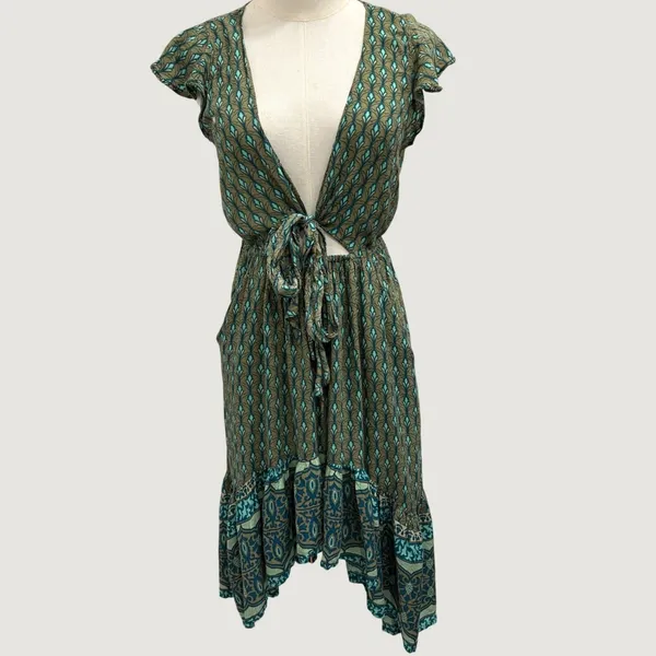 Sea Lustre Sunny Days Lotus Green Teal Boho Tie Front High Low Ruffle Dress S/M - Image 2