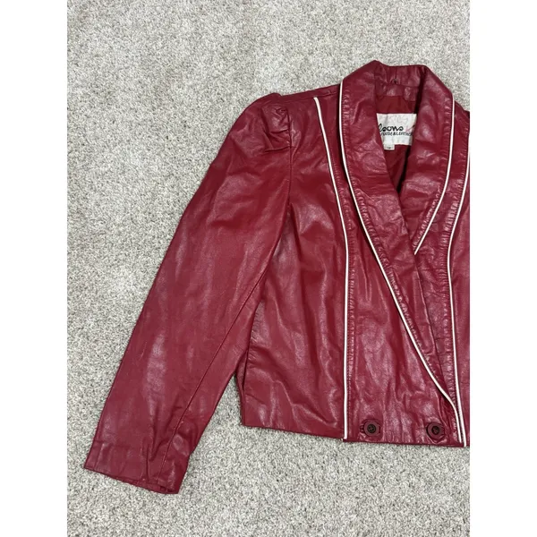 Vintage 80s Wilsons Red Genuine Leather Puff Sleeve Cropped Jacket Size 12 - Image 6