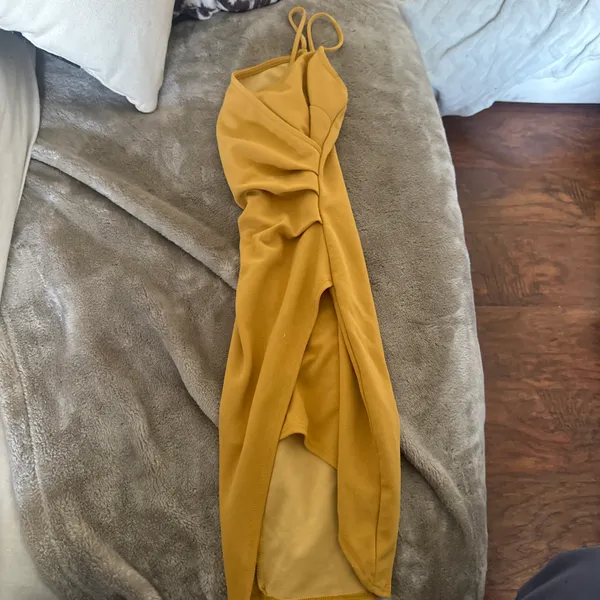 Mustard Yellow wrap ruched mini dress  - Image 2