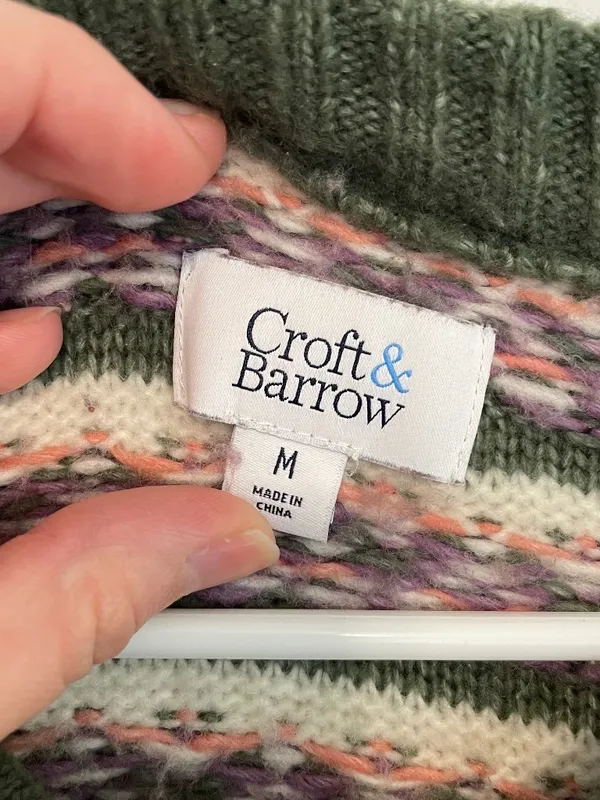 CROFT & BARROW Extra Cozy Sweater Olive Green White Fair Isle Geometric Hearts M - Image 3