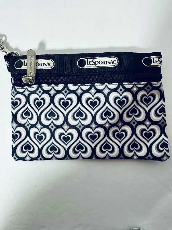 Lesportsac Black & White Heart Motif Crossbody Wristlet Pouch 7”x4.5” - 18” drop - Image 4