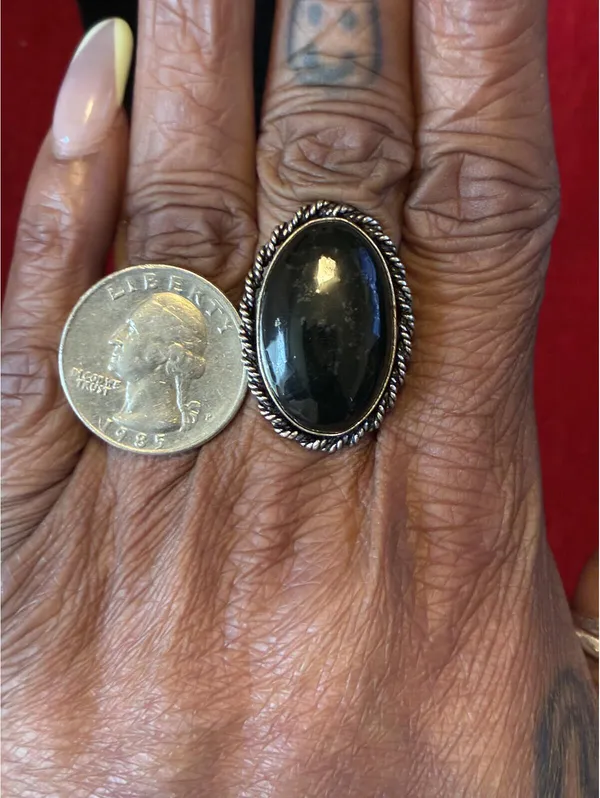 Vintage Southwestern Black Jade Silver Tone Oval Cabochon Twisted Rope Bezel - Image 5