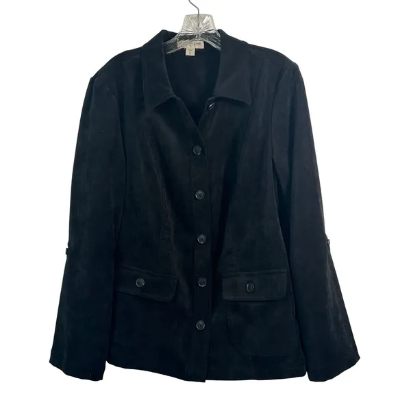 Coldwater Creek Black Faux Suede Button Front Jacket XL 16 Roll Tab Sleeve‎ - Image 2