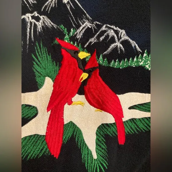 Vintage Navy Blue Mockneck Sweatshirt with Embroidered Cardinals - Size L - Image 3