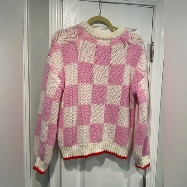 NWT Luna Ivy Size S Pink Cream Check Heart Chunky Knit Long Sleeve Crew Sweater - Image 8