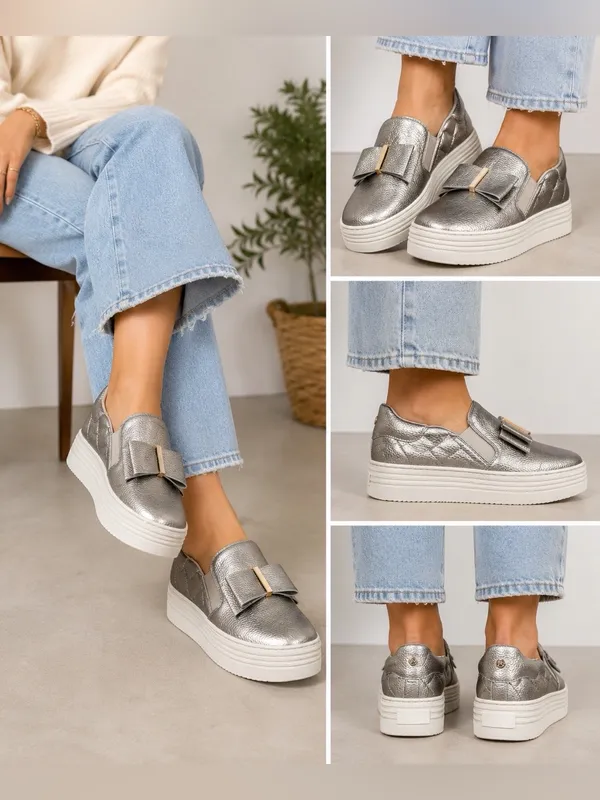 Joy Luxe Genuine Leather Bow Platform Sneakers Orthotic Slip On Pewter‎ 7.5W - Image 2