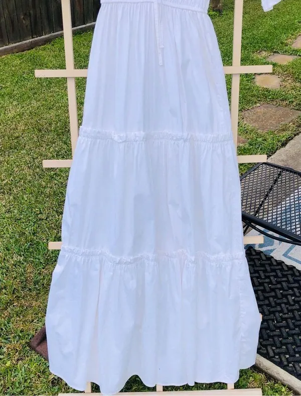 White Cotton Blend Tiered Puff Sleeves Maxi Dress M - Image 6