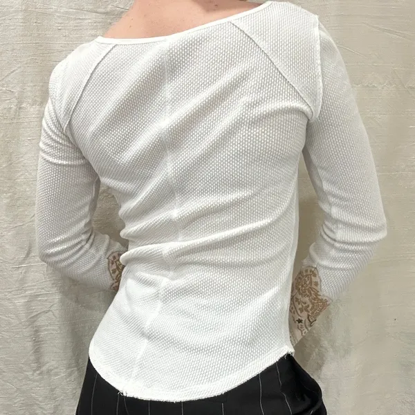 We the Free White Scoop Neck Waffle Knit Thermal Bandana Crochet Cuff Sz XS Boho - Image 9