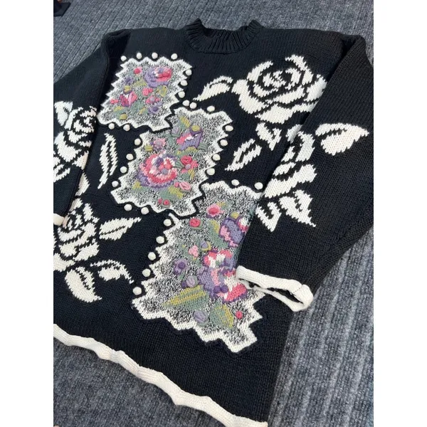 Vtg 90s Grandma Sweater L Black‎ Floral Ramie Cotton Textured Patchwork Cottage - Image 9
