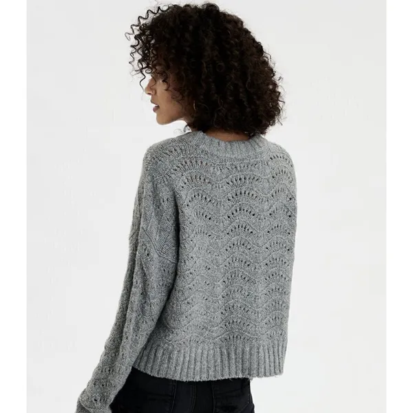 American Eagle Women's Size XS Pointelle Crew Neck Sweater Gray Open Knit‎ - Image 2