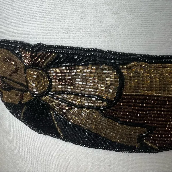 VTG 90s Hand Beaded Tie Belt Art Deco Boho Waist Sash Black Gold Destinee Glam - Image 5