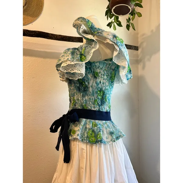 Vintage Handmade Blue Green Floral Print Lace Trim Bow Peplum Top Size Small - Image 2