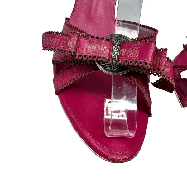 Roberto Cavalli Pink Logo Ribbon Mule Heels Y2K Vintage 39 Italy - Image 4