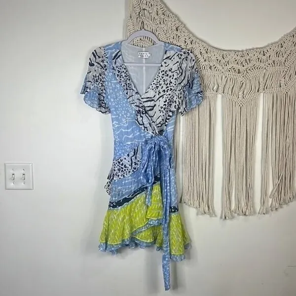 Tanya Taylor Silk Mini Dress Asymmetrical Short Sleeve Sz 0 bianka belted print - Image 2
