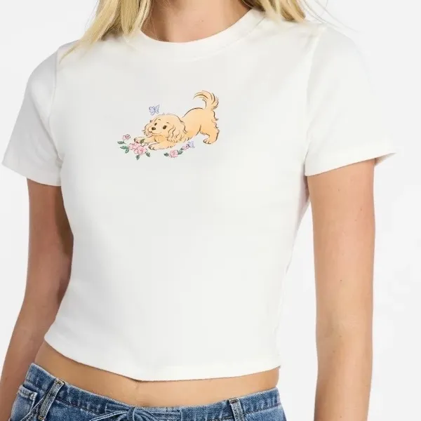 No Boundaries Womens Puppy‎ Graphic Baby Tee Cream White Ribbed Crop Top Size M - Image 4
