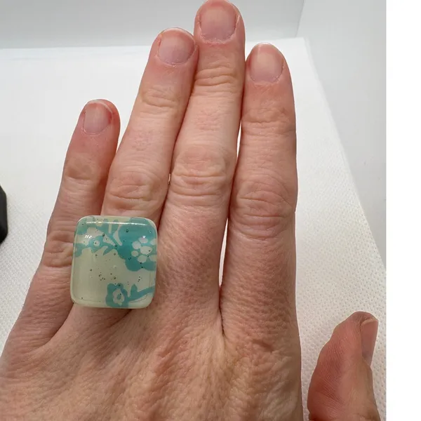 Vintage 925 Sterling Silver Art Glass Square Floral Adjustable Ring Size 6 Aqua - Image 7