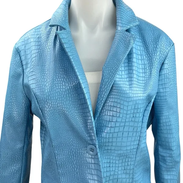 Princess Polly Womens Blue Faux Leather Croc Embossed Blazer Coat Jacket Size 4 - Image 3