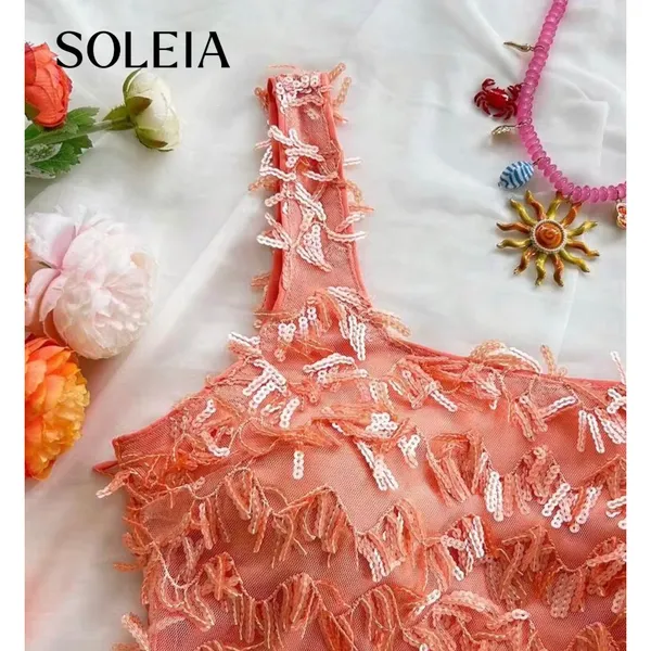 SHEIN Peach Sequin Fringe Mesh Mini Dress Square‎ Neck Bodycon M - Image 3
