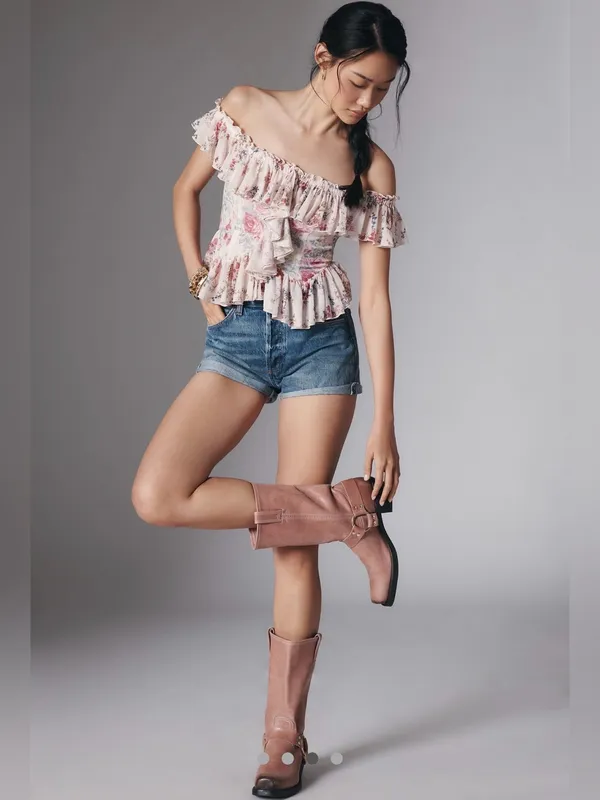 Anthropologie Floral Off-Shoulder Ruffle Crop Top - Pink & Cream - Image 4