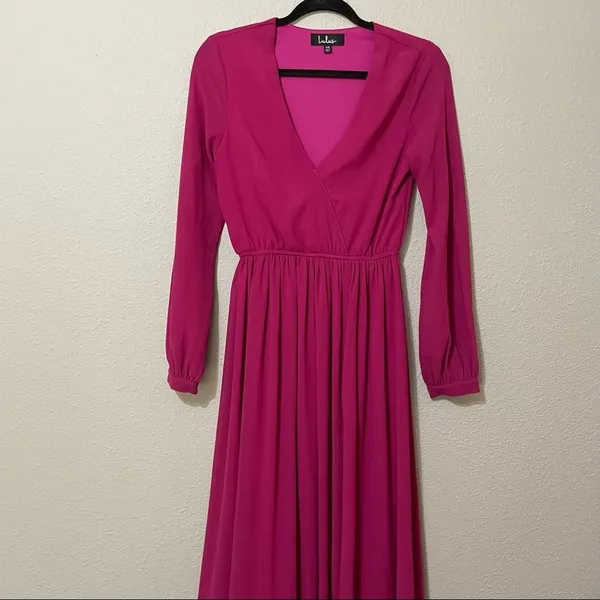 Lulus Pink Magenta Long Sleeve Maxi Formal Bridesmaid Dress Womens XS Faux Wrap - Image 11