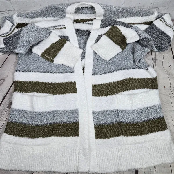 Pink Clover Stitch Fix Striped Eyelash Knit Open Front Cardigan Gray‎ Olive S - Image 8