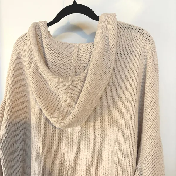 Aerie Crochet Chenille Cream Knit Hoodie Sweater Soft Cozy Oversized Boho Medium - Image 6