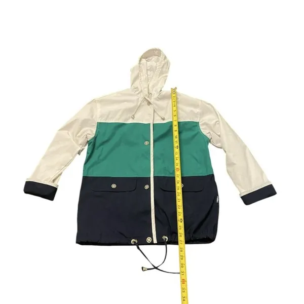 Vintage IZZI Jacket Womens Small White Blue Green Nautical‎ Grandpa Striped - Image 4