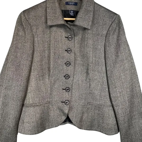 Chaps Women's Gray Wool Blend Blazer Jacket Career‎ Business Herringbone Size L - Image 4